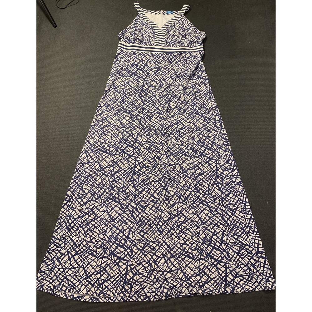 J McLaughlin Dress Womens XL Navy‎ Maxi Resort Coastal Beach Geo Stripe Cruise